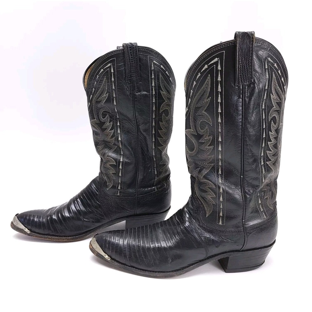 Vtg DAN POST Black TEJU LIZARD Cowboy Boots‎ 16830  Men's 11 D Western Metal Toe